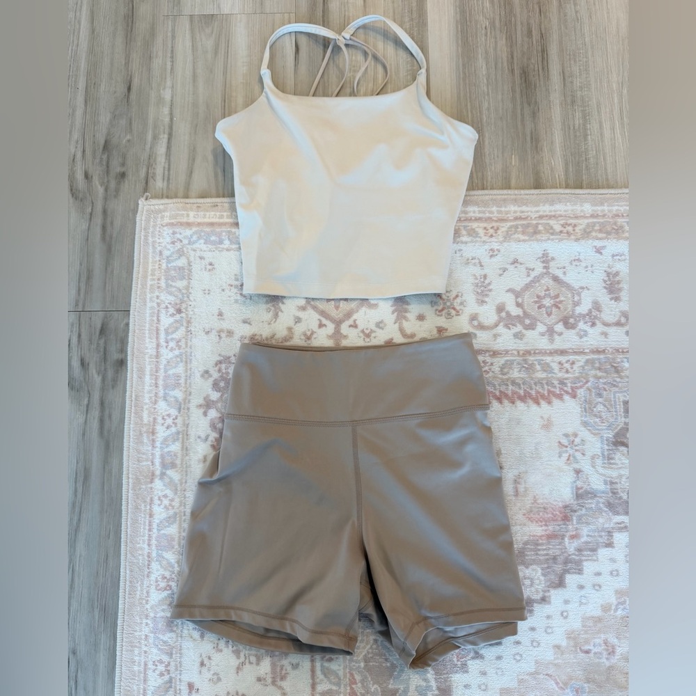 H & M Move Cream Crop Top and Taupe Shorts Gym Workout Set